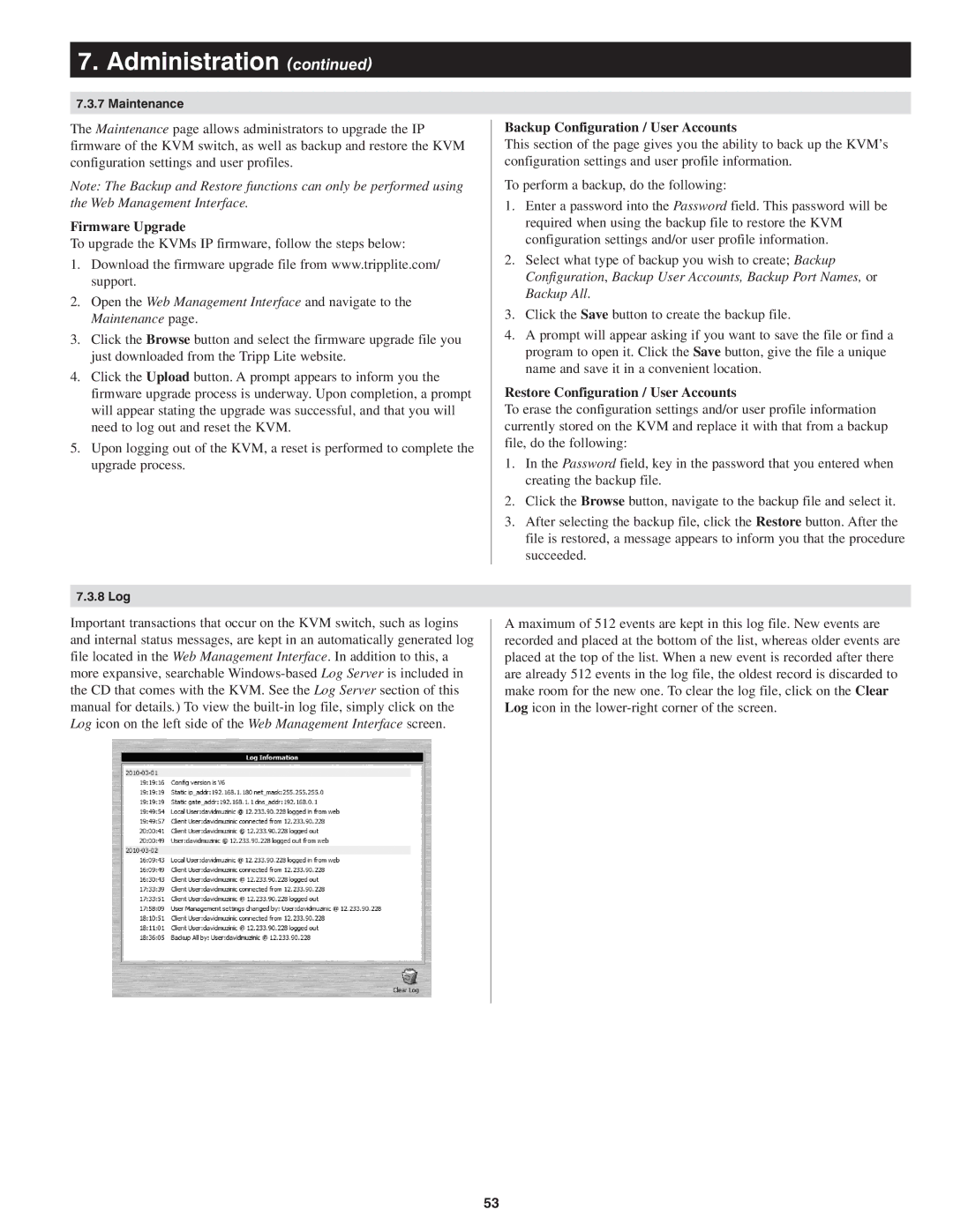 Tripp Lite B022-U08-IP Firmware Upgrade, Backup Configuration / User Accounts, Restore Configuration / User Accounts 