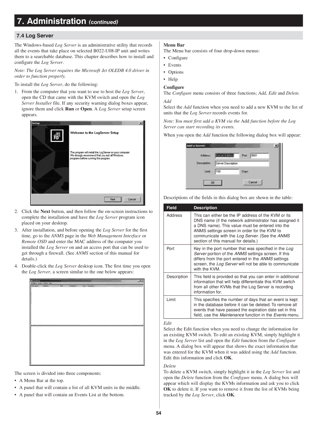 Tripp Lite B022-U08-IP owner manual Log Server, Menu Bar, Configure 