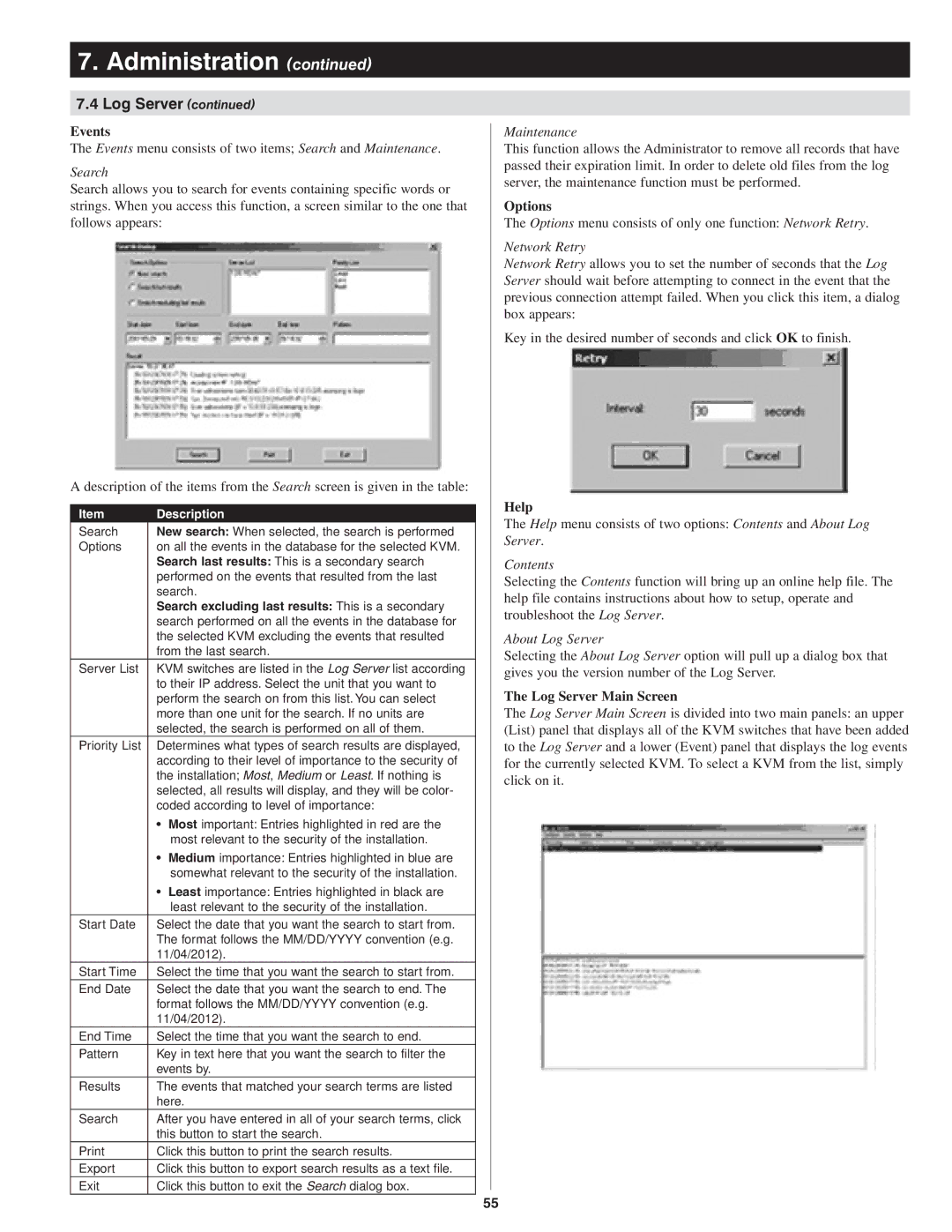 Tripp Lite B022-U08-IP owner manual Events, Options, Help, Log Server Main Screen 