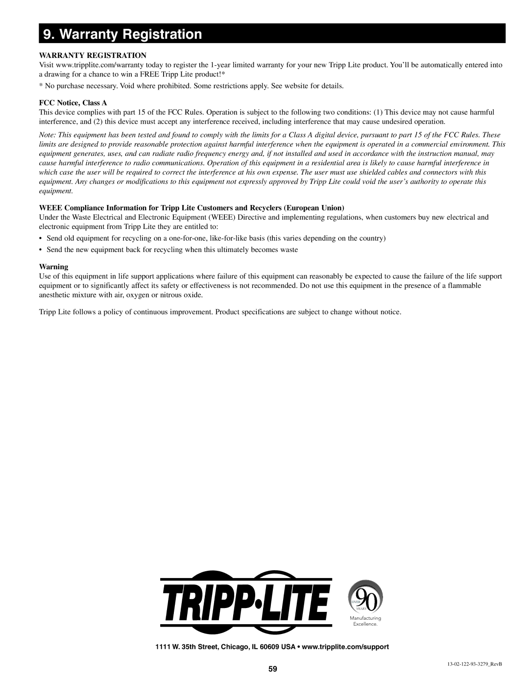 Tripp Lite B022-U08-IP owner manual Warranty Registration, FCC Notice, Class a 