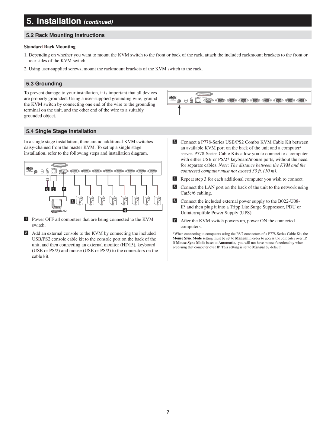 Tripp Lite B022-U08-IP Rack Mounting Instructions, Grounding, Single Stage Installation, Standard Rack Mounting 