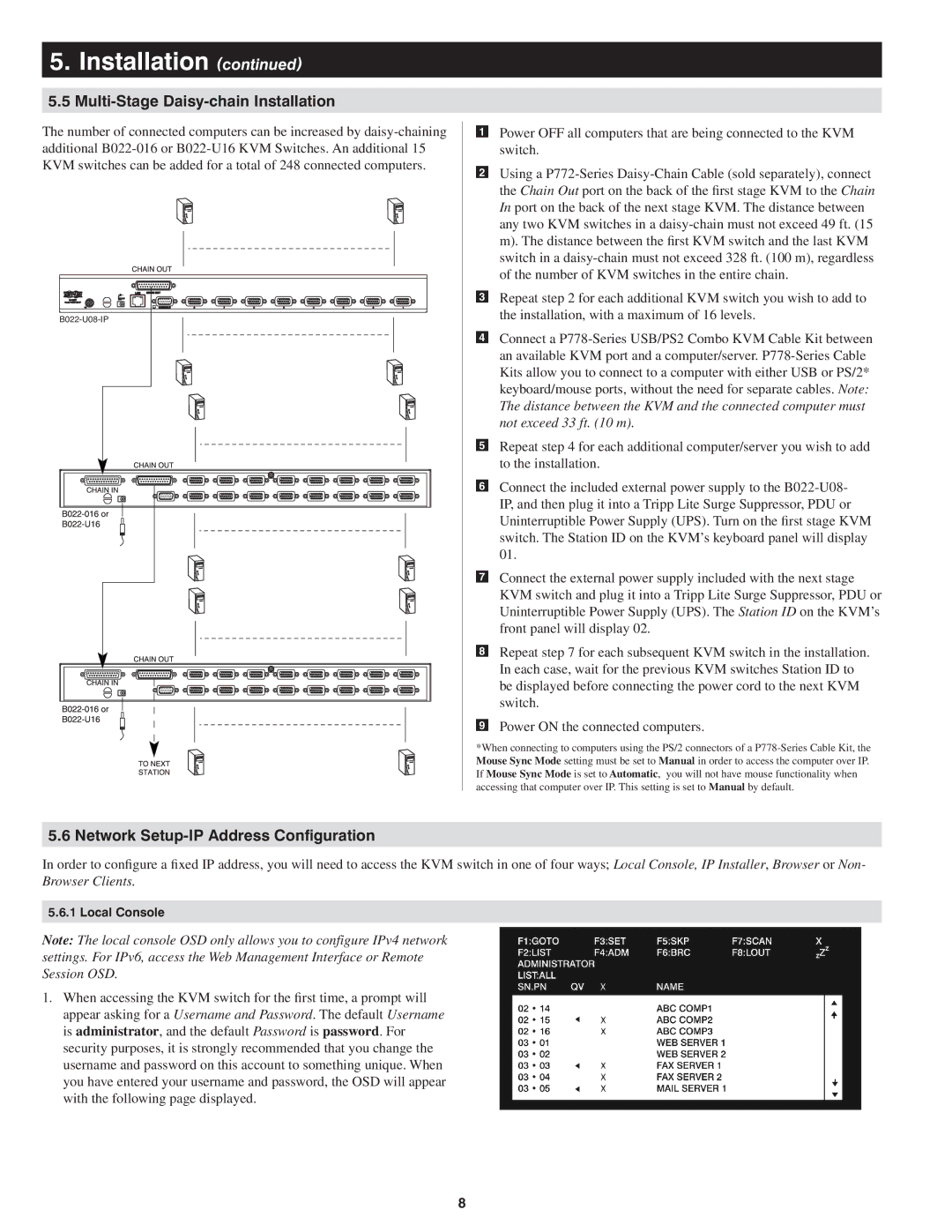 Tripp Lite B022-U08-IP owner manual Multi-Stage Daisy-chain Installation, Network Setup-IP Address Configuration 