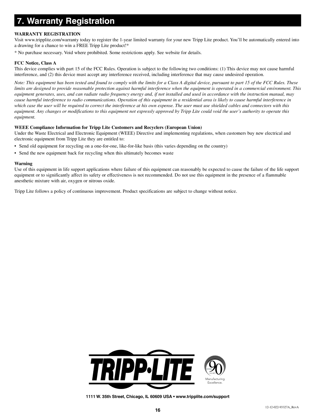 Tripp Lite B022-U08-IP quick start Warranty Registration, FCC Notice, Class a 