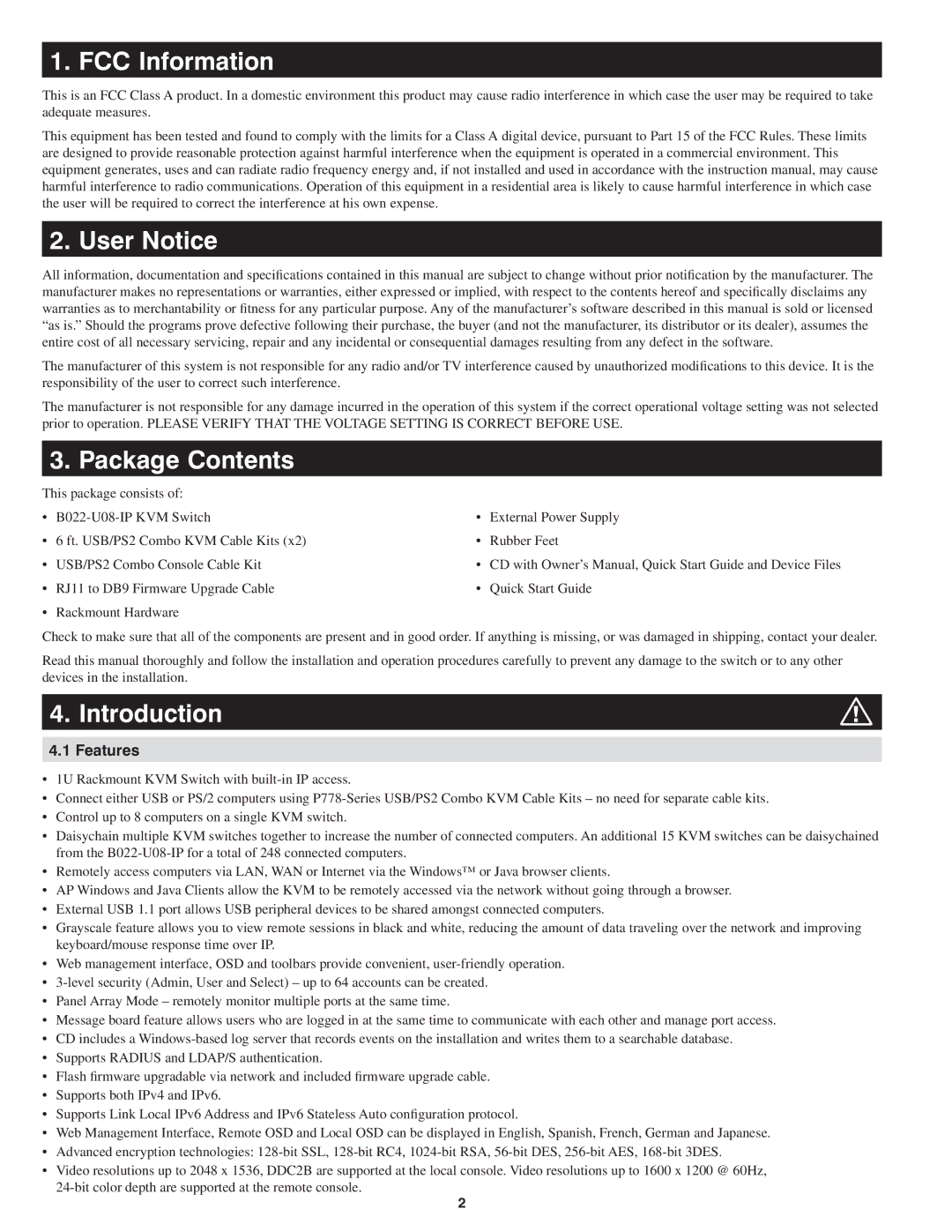 Tripp Lite B022-U08-IP quick start FCC Information, User Notice, Package Contents, Introduction 