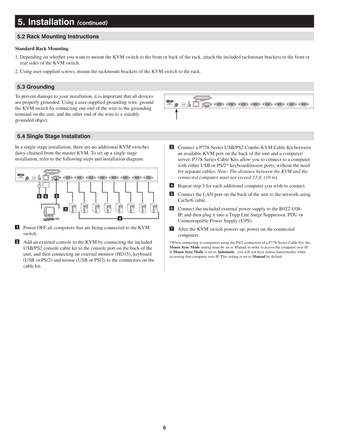 Tripp Lite B022-U08-IP quick start Rack Mounting Instructions, Grounding, Single Stage Installation, Standard Rack Mounting 