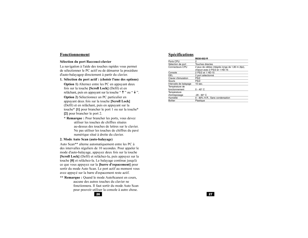 Tripp Lite B030-002-R user manual Fonctionnement, Spécifications 