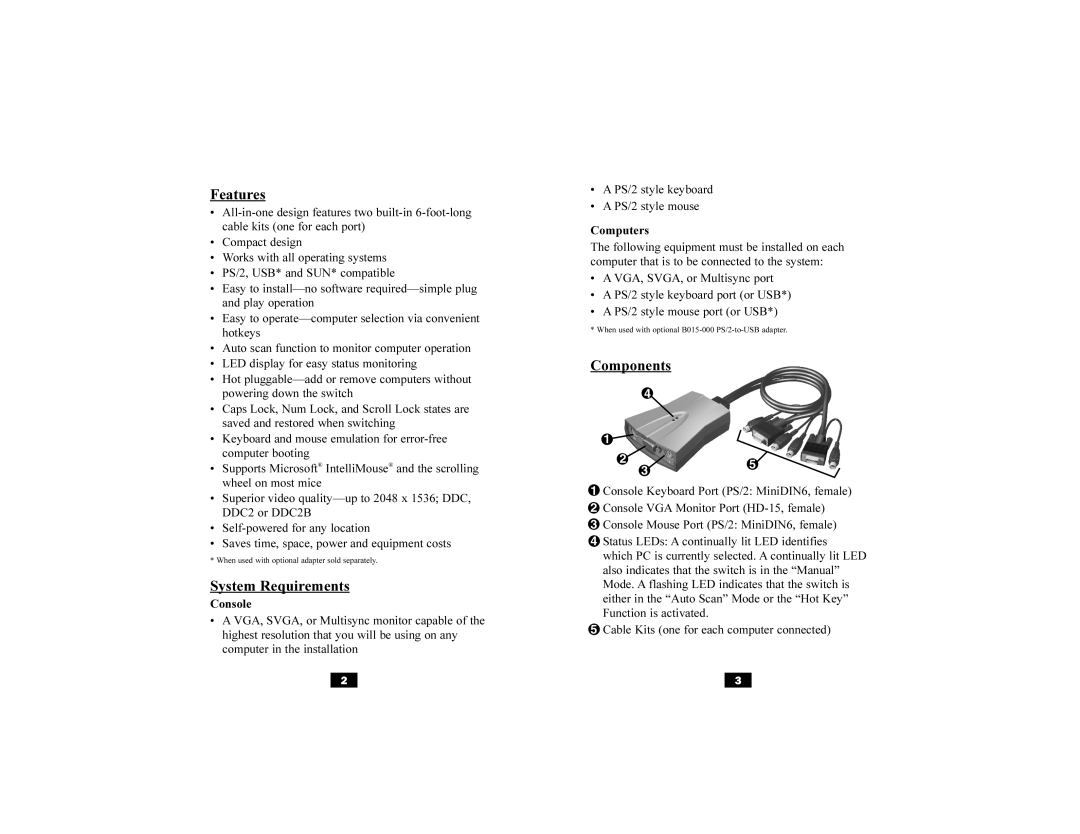 Tripp Lite B030-002-R user manual Features, System Requirements, Components 