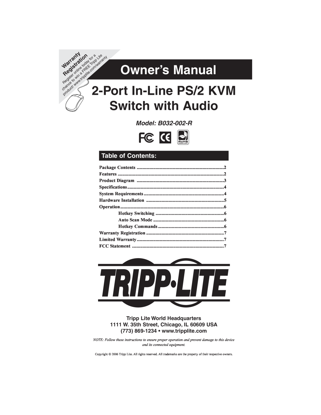 Tripp Lite B032-002-R owner manual Table of Contents, Tripp Lite World Headquarters, Owner’s Manual, Port In-Line PS/2 KVM 