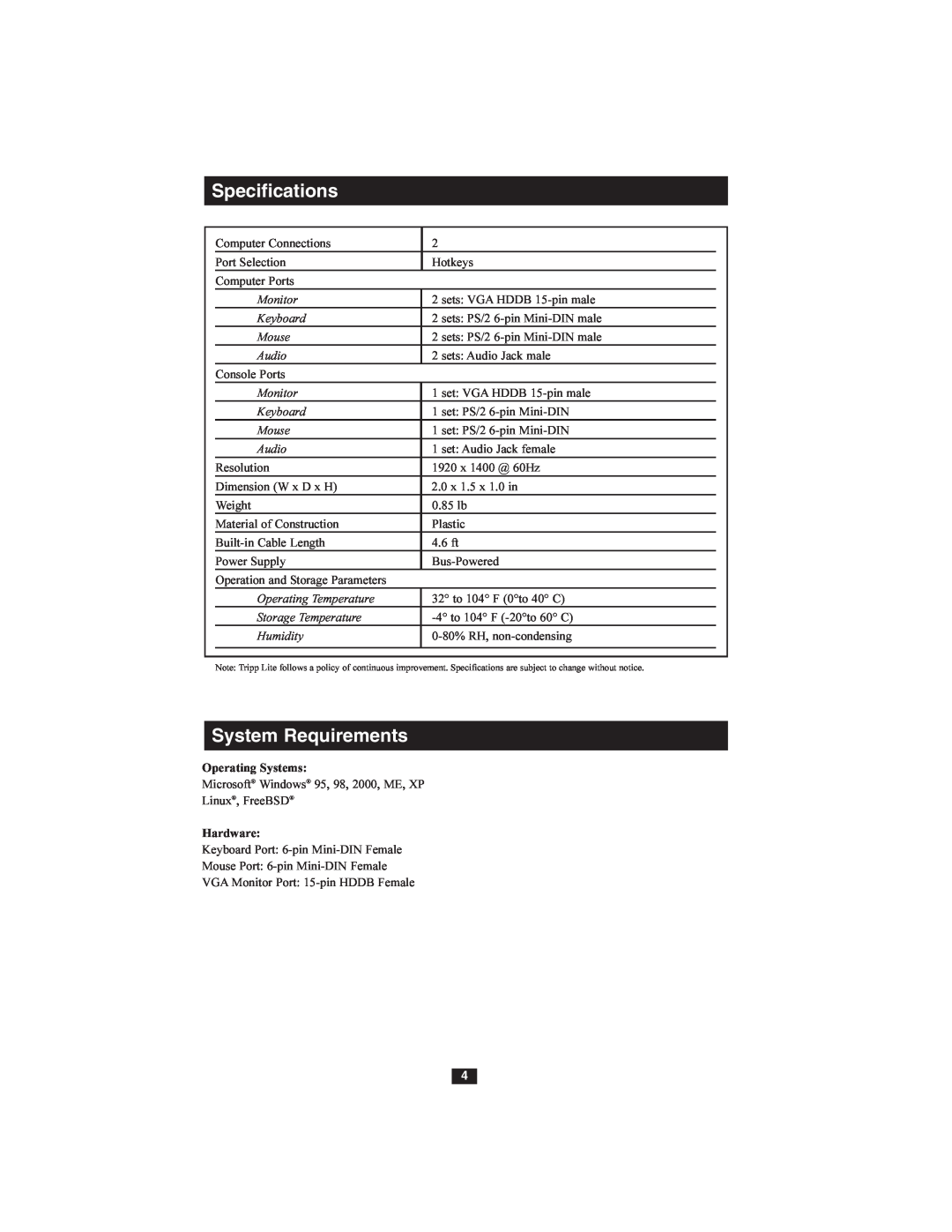 Tripp Lite B032-002-R owner manual Specifications, System Requirements 