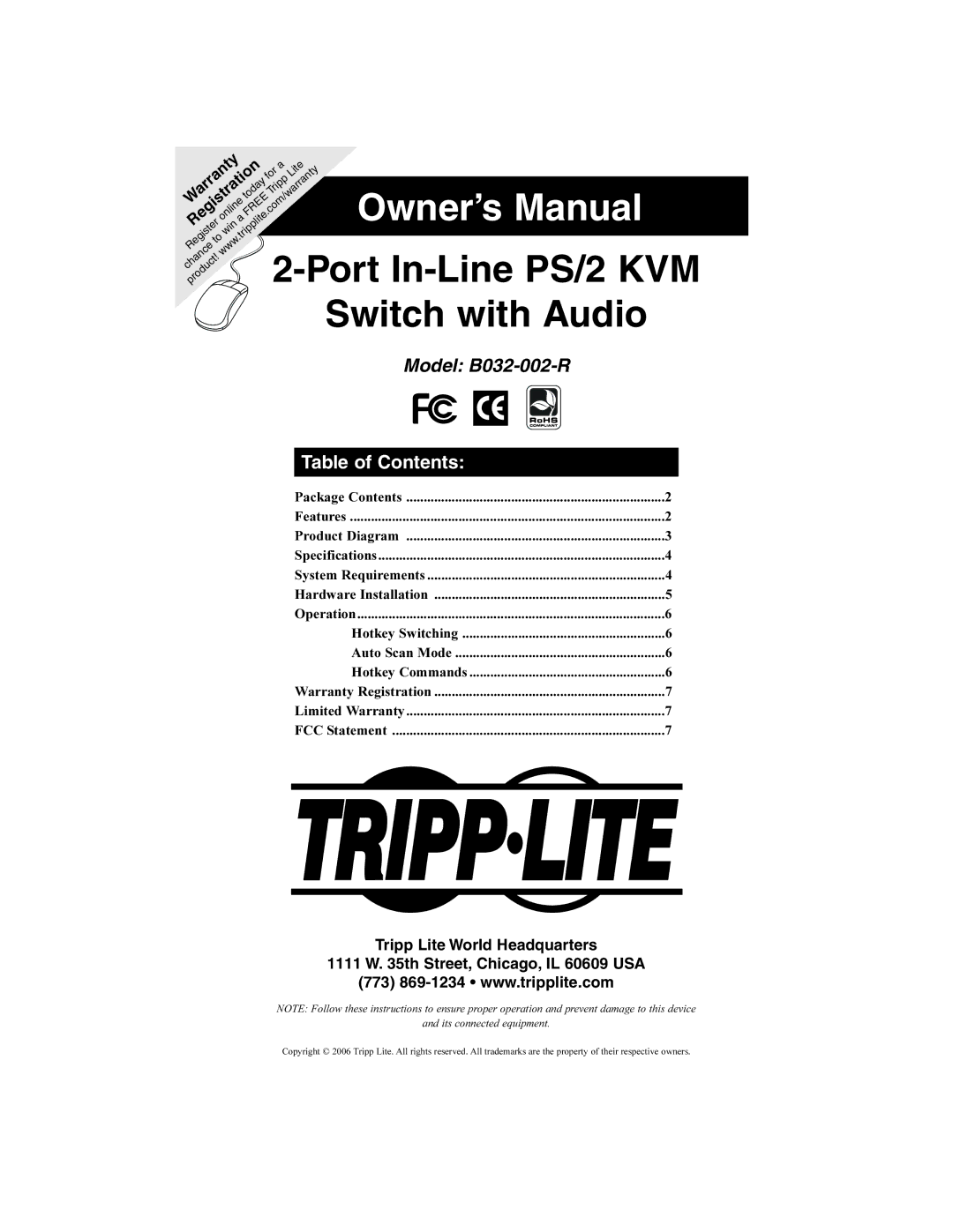 Tripp Lite B032-002-R owner manual Switch with Audio, Table of Contents 