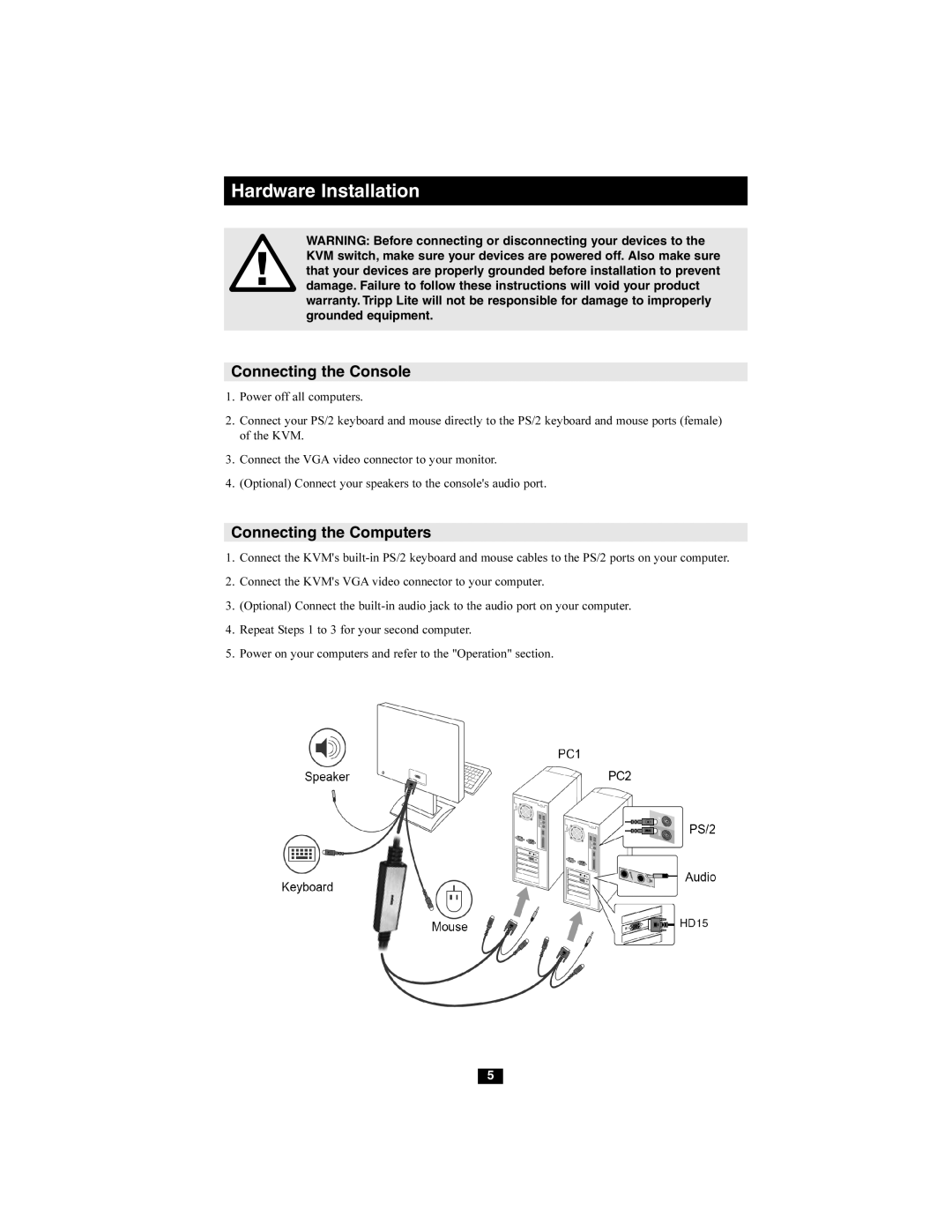 Tripp Lite B032-002-R owner manual Hardware Installation, Connecting the Console, Connecting the Computers 