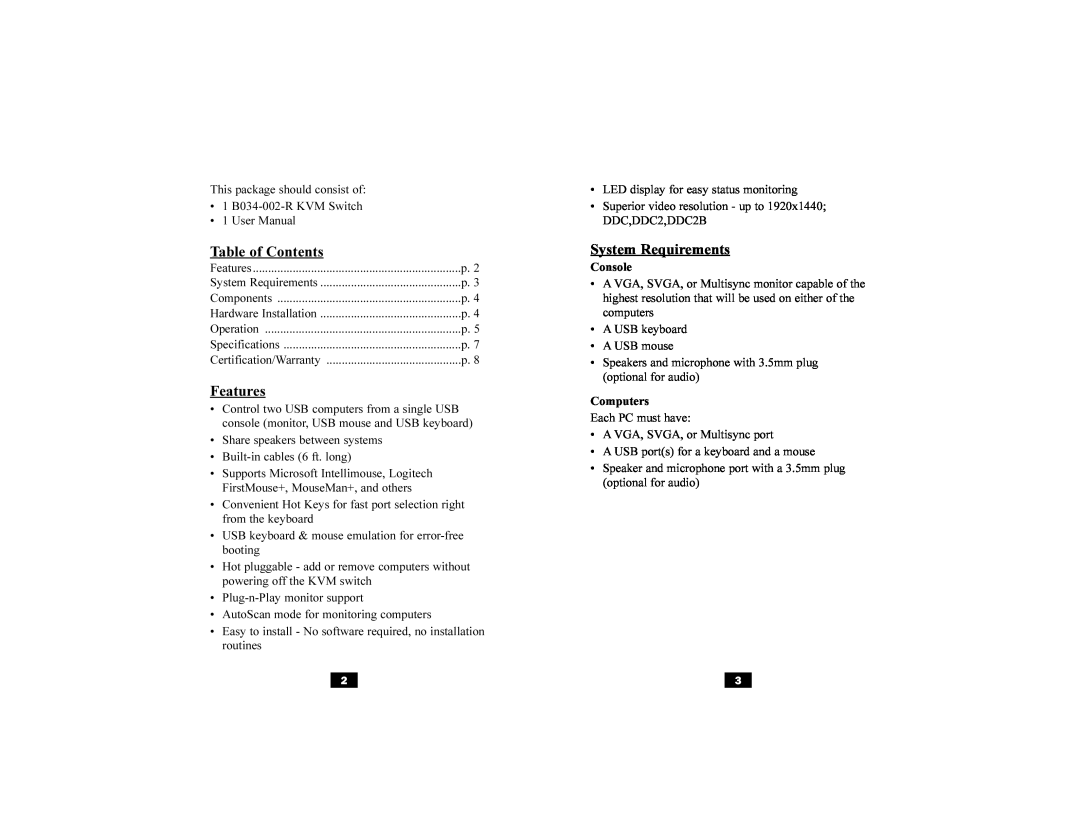 Tripp Lite B034-002-R user manual Table of Contents, Features, System Requirements 