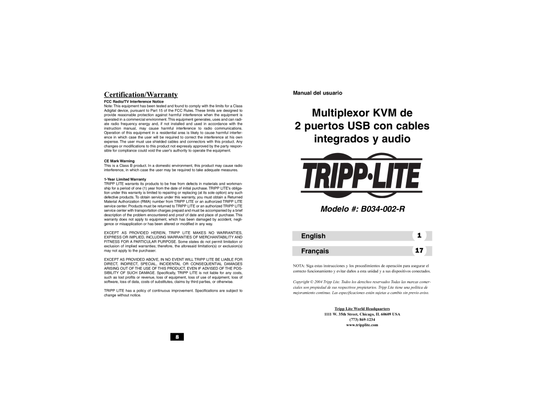 Tripp Lite Multiplexor KVM de 2 puertos USB con cables integrados y audio, Modelo # B034-002-R, Certification/Warranty 