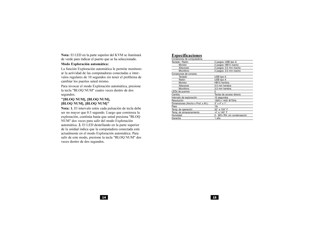 Tripp Lite B034-002-R user manual Especificaciones 