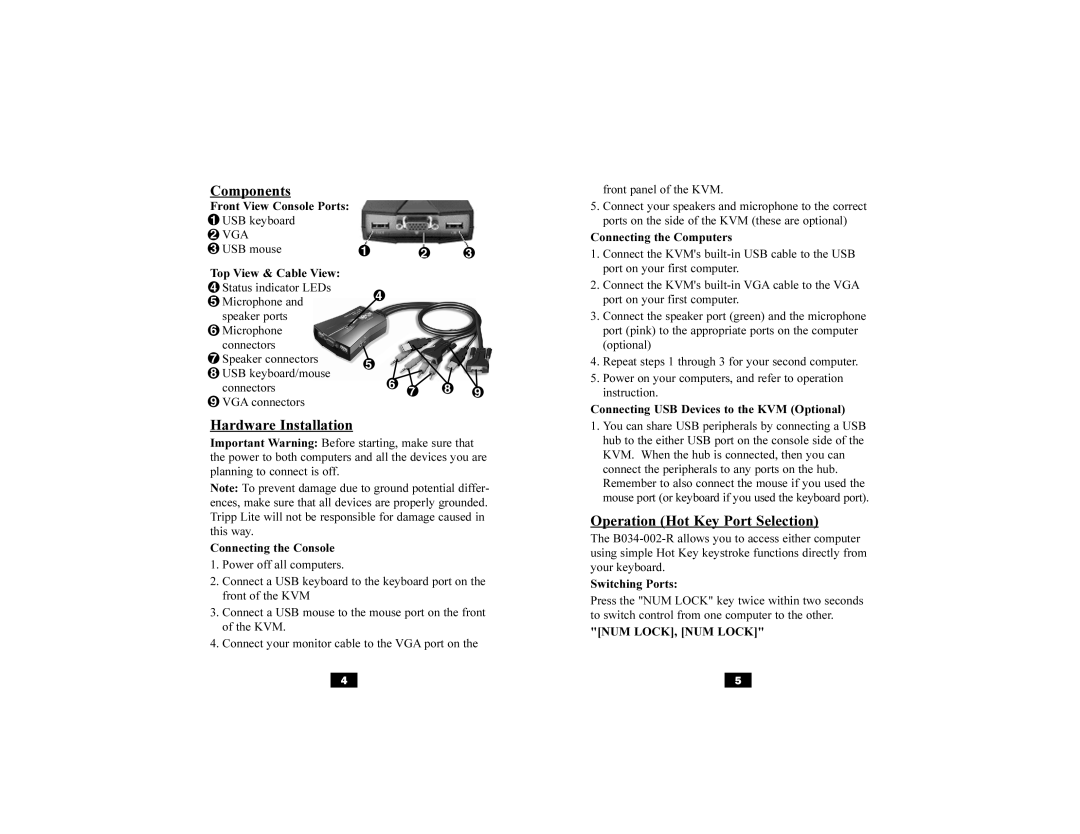 Tripp Lite B034-002-R Components, Hardware Installation, Operation Hot Key Port Selection, Vga, NUM LOCK, NUM Lock 