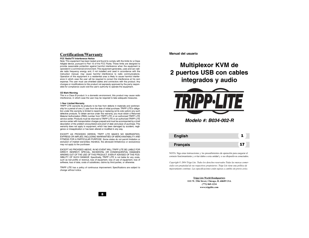 Tripp Lite user manual Modelo # B034-002-R, Certification/Warranty, English Français, Year Limited Warranty 