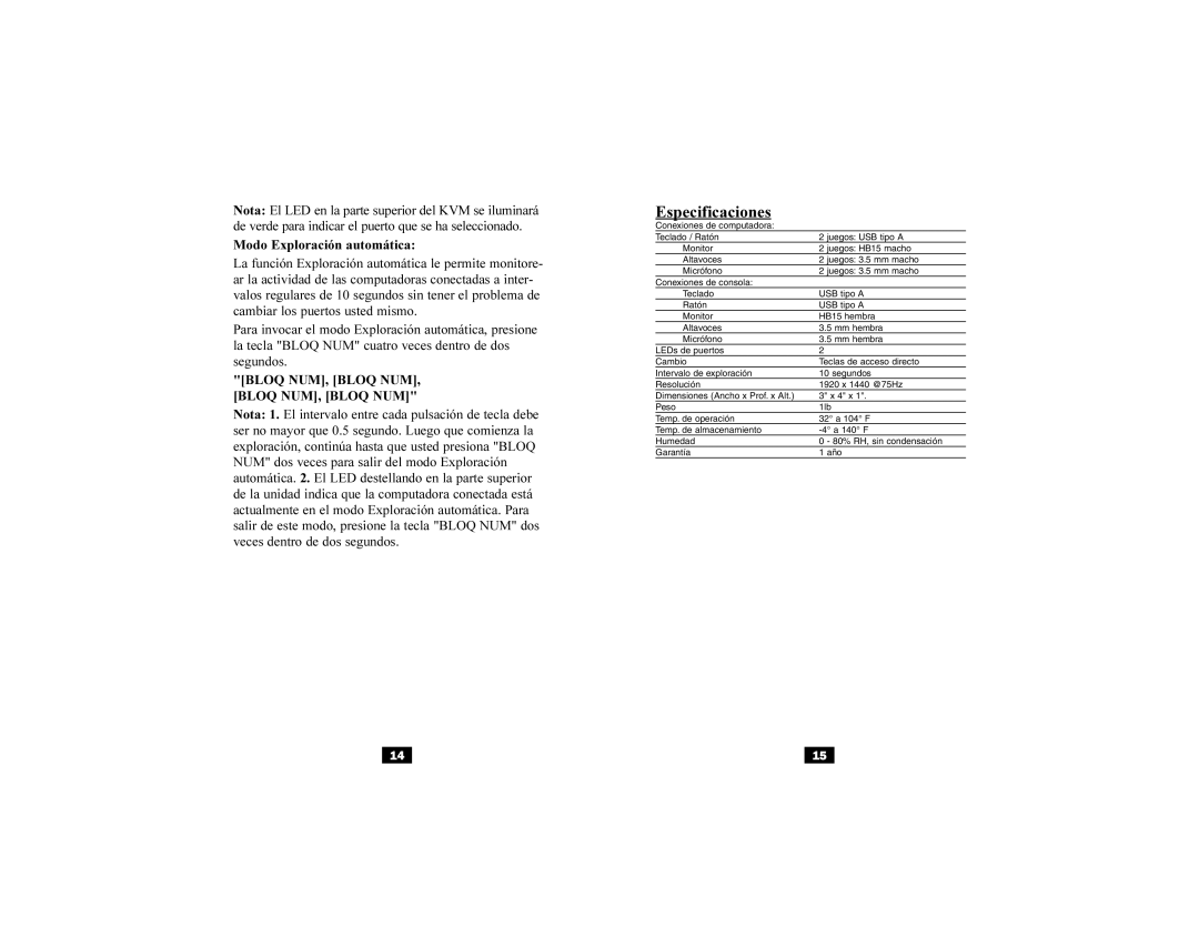 Tripp Lite B034-002-R user manual Especificaciones, Bloq NUM, Bloq NUM, Bloq NUM, Bloq NUM 