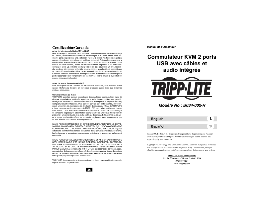 Tripp Lite user manual Modèle No B034-002-R, Certificación/Garantía, English Español 