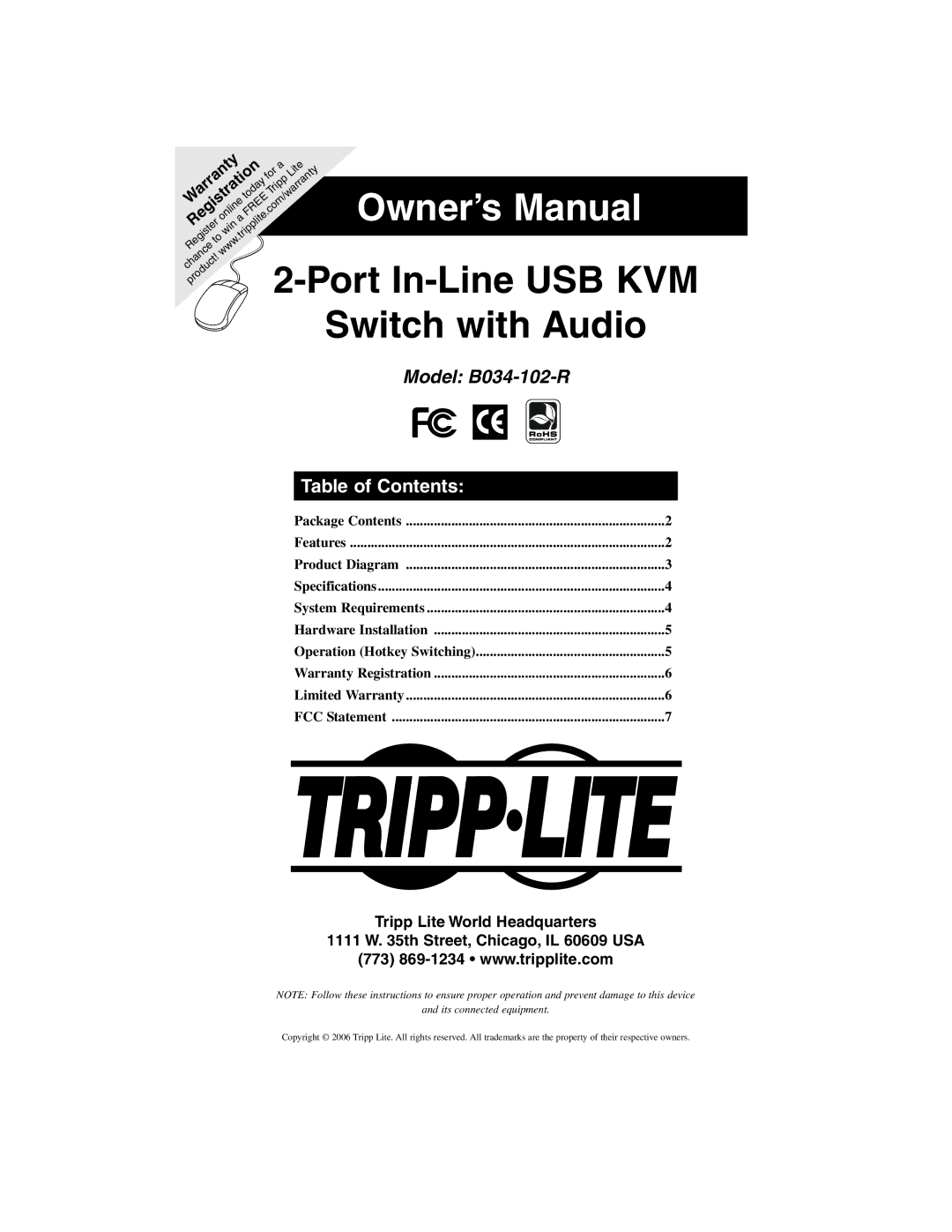 Tripp Lite B034-102-R owner manual Switch with Audio, Table of Contents 