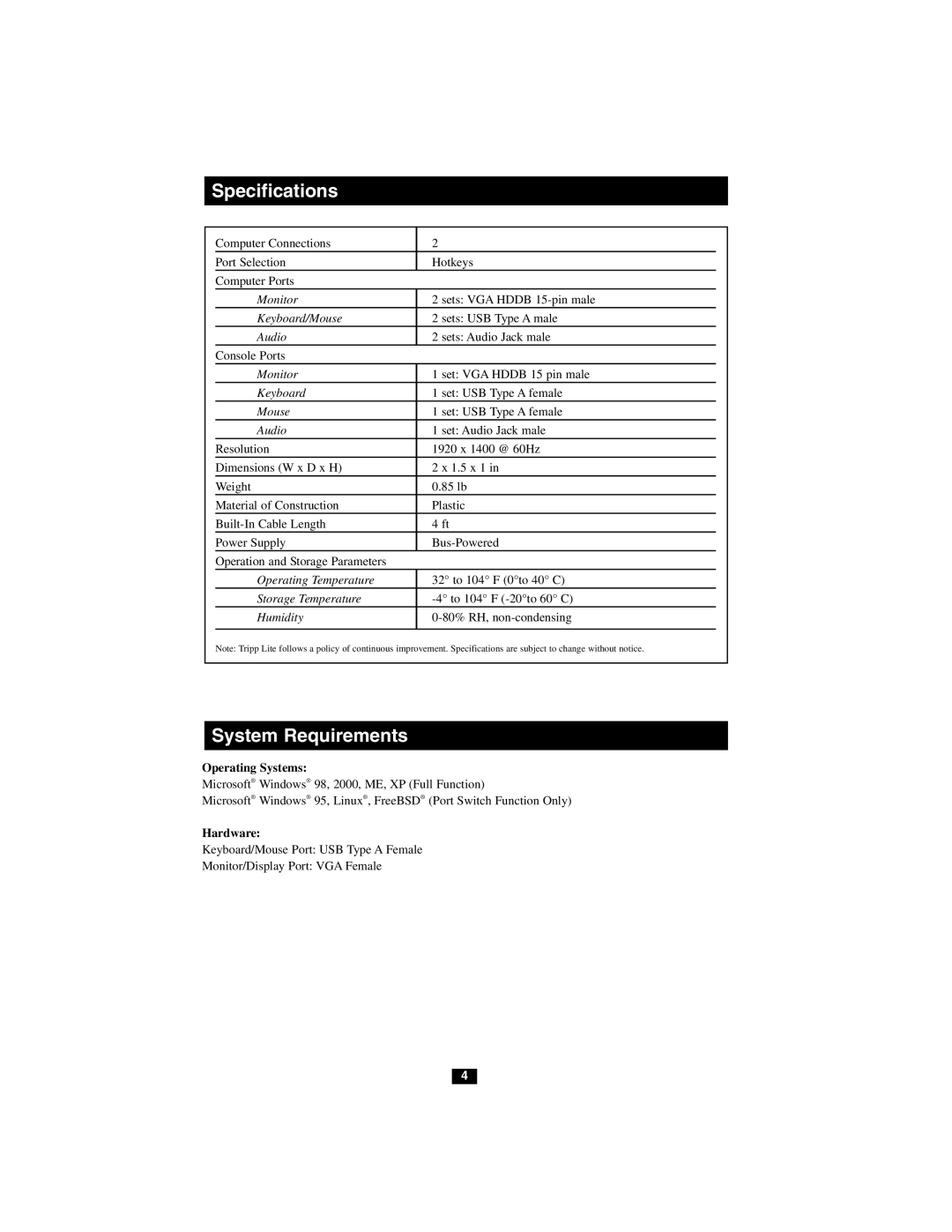 Tripp Lite B034-102-R owner manual Specifications, System Requirements 