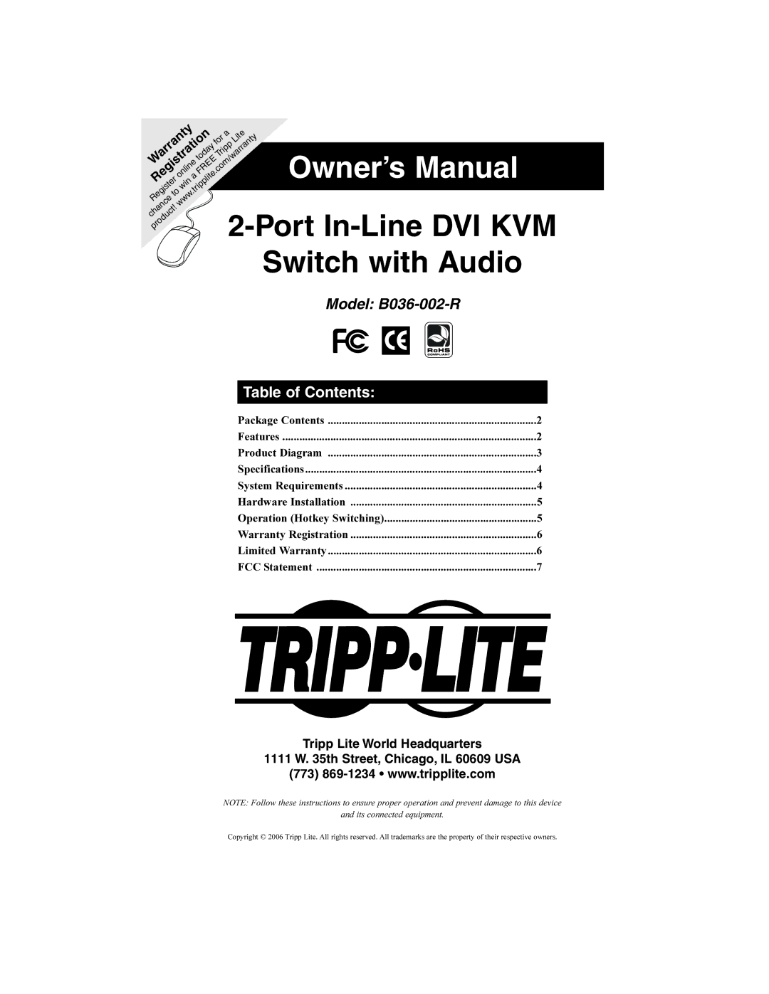 Tripp Lite B036-002-R owner manual Switch with Audio, Table of Contents 