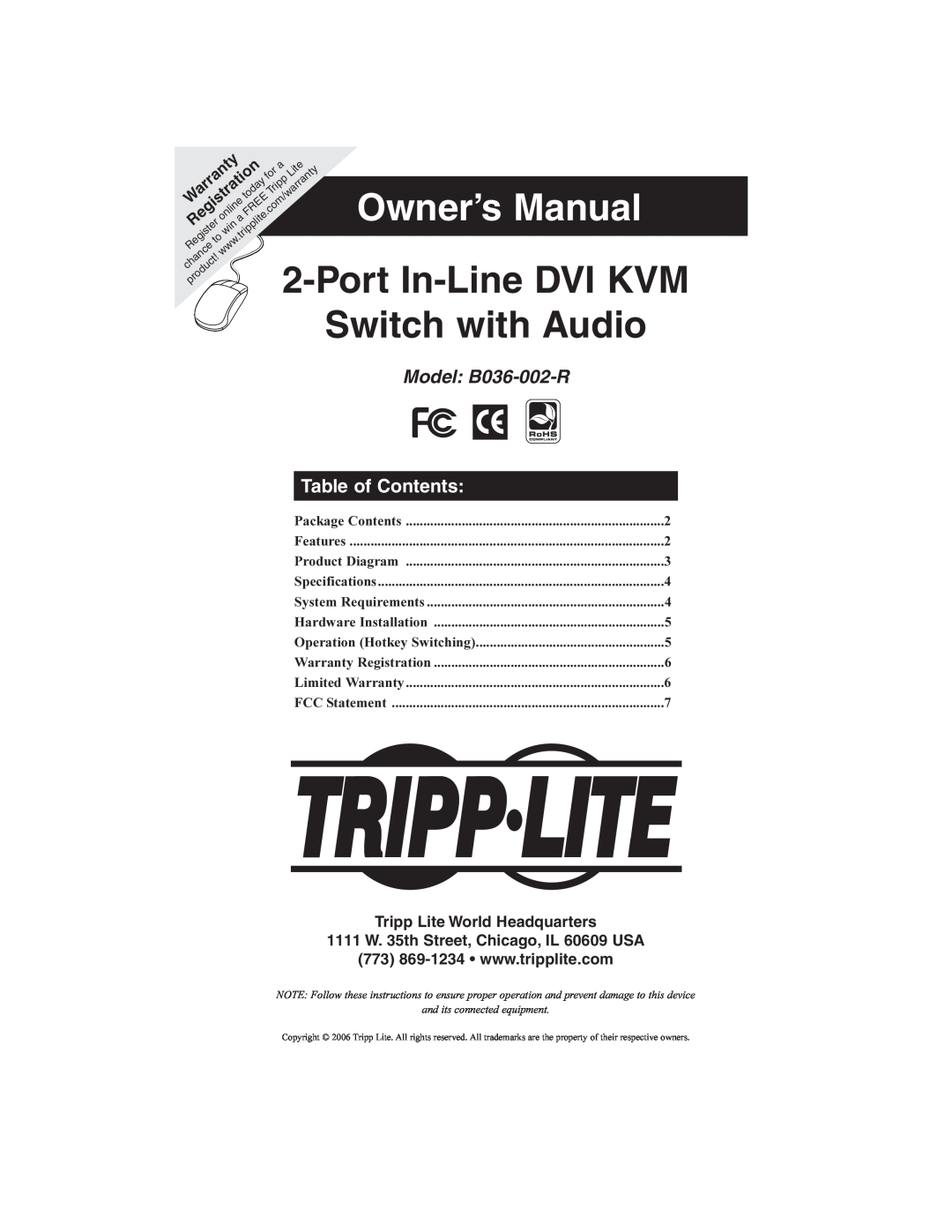 Tripp Lite B036-002-R owner manual Table of Contents, Tripp Lite World Headquarters, Owner’s Manual, Port In-Line DVI KVM 