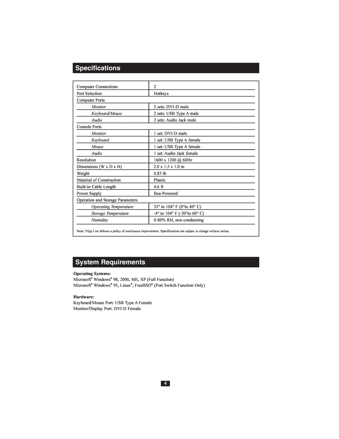 Tripp Lite B036-002-R owner manual Specifications, System Requirements 