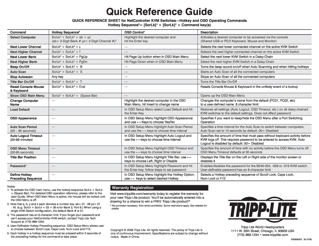 Tripp Lite B040-004 warranty Warranty Registration, Hotkey Sequence5= ScrLk4 + ScrLk4 + Command keys, Quick Reference Guide 