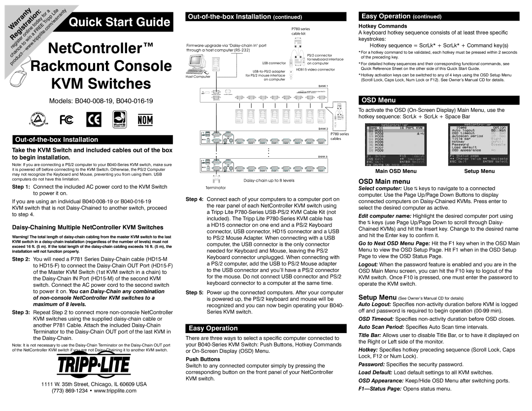 Tripp Lite B040-004 warranty Out-of-the-box Installation, Easy Operation, OSD Menu 