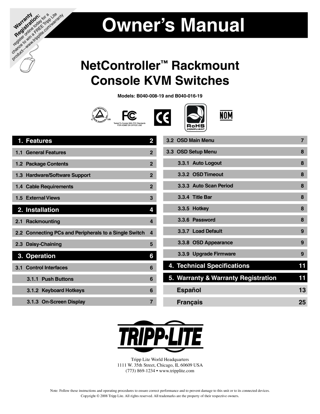 Tripp Lite B040-008-19, B040-016-19 owner manual NetController Rackmount Console KVM Switches, Español Français 