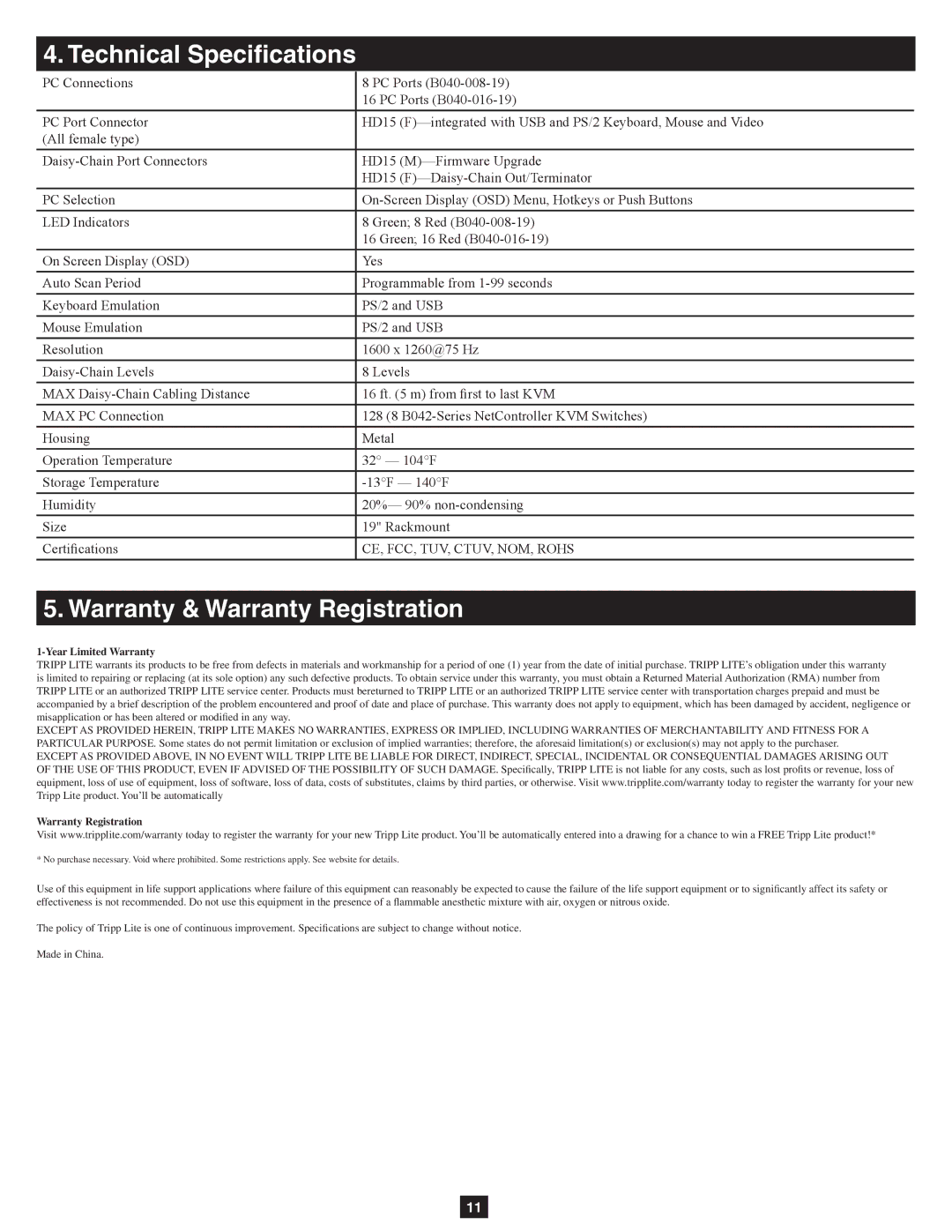 Tripp Lite B040-008-19, B040-016-19 owner manual Technical Specifications, Warranty & Warranty Registration 