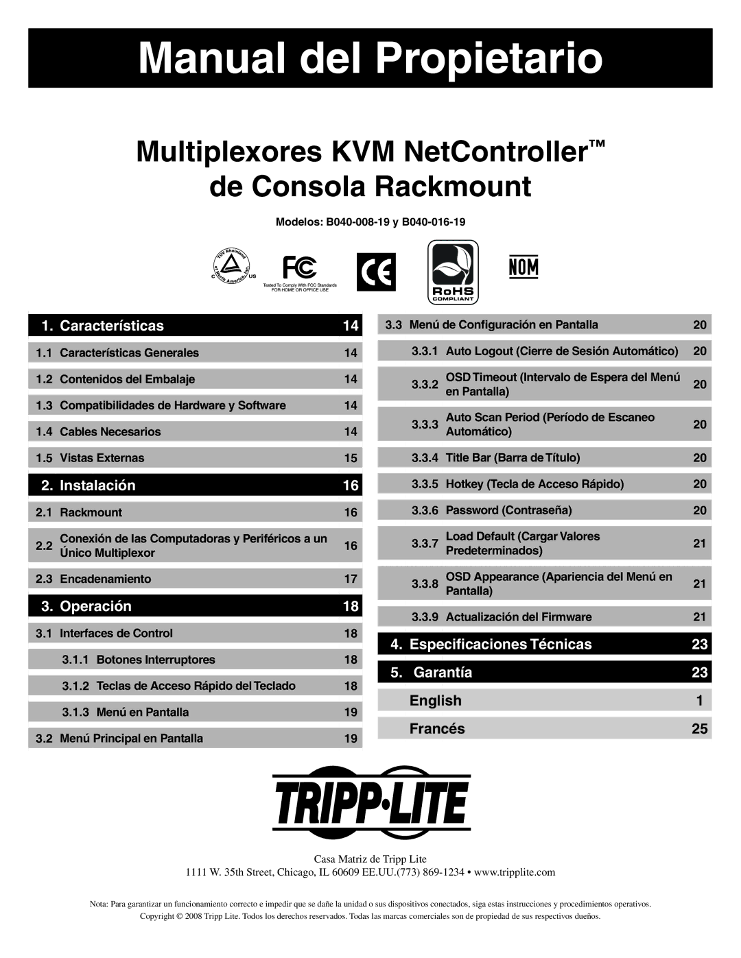 Tripp Lite B040-008-19, B040-016-19 owner manual Manual del Propietario, English Francés 