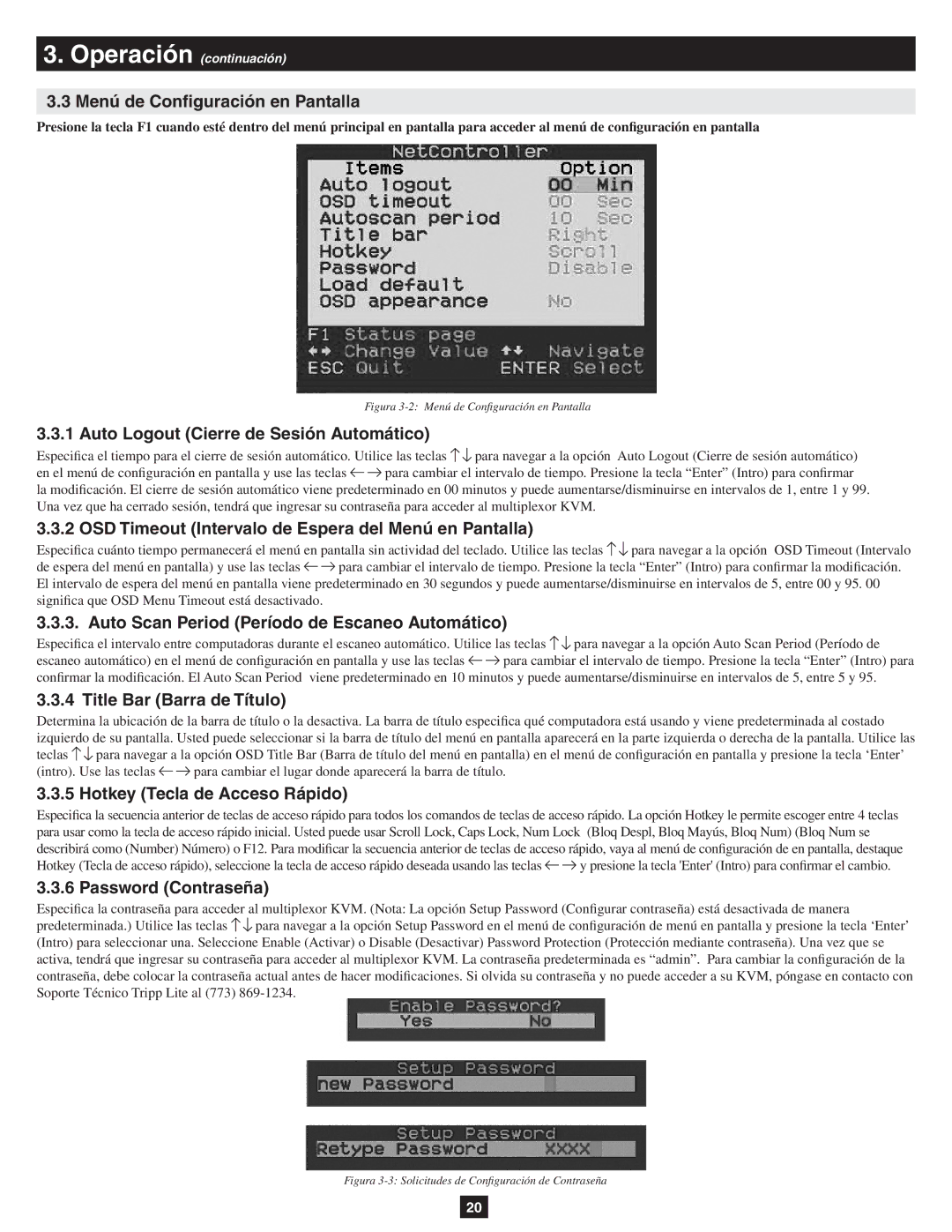 Tripp Lite B040-016-19 Menú de Configuración en Pantalla, Auto Logout Cierre de Sesión Automático, Password Contraseña 