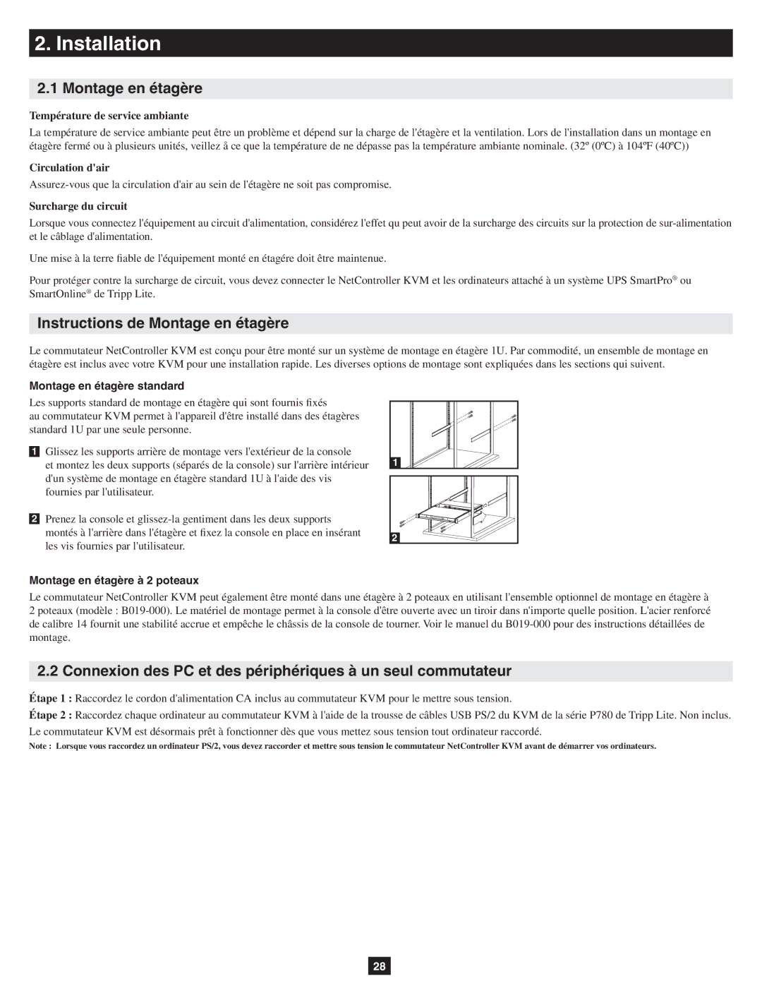 Tripp Lite B040-016-19 Instructions de Montage en étagère, Connexion des PC et des périphériques à un seul commutateur 