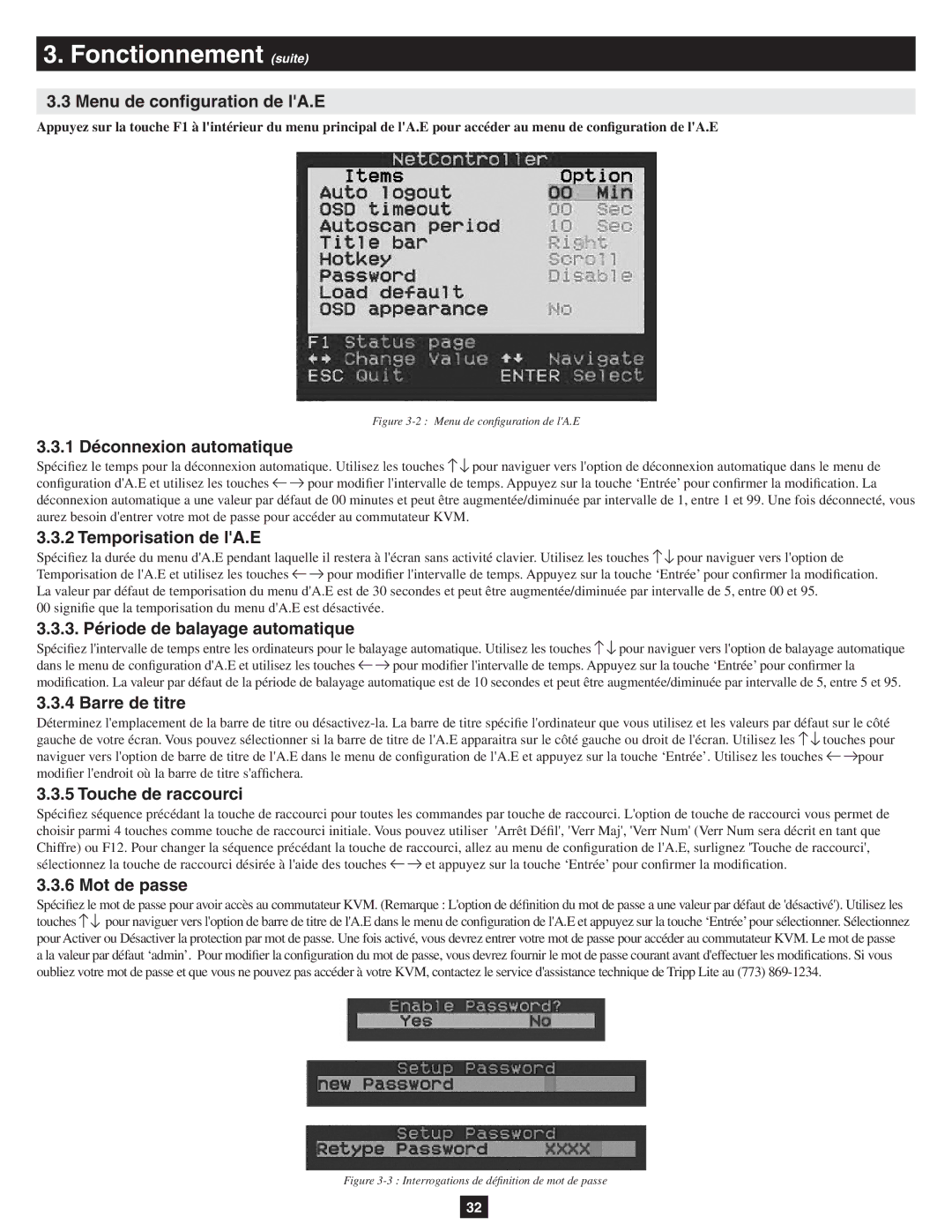 Tripp Lite B040-016-19 Menu de configuration de lA.E, 1 Déconnexion automatique, Temporisation de lA.E, Barre de titre 