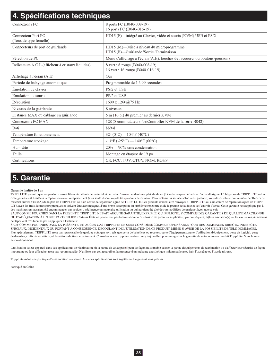 Tripp Lite B040-008-19, B040-016-19 owner manual Spécifications techniques, Garantie 