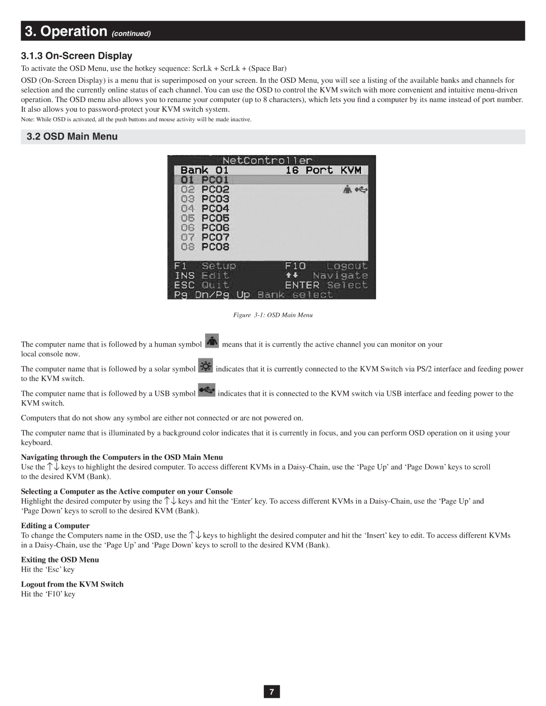 Tripp Lite B040-008-19, B040-016-19 owner manual On-Screen Display, OSD Main Menu 