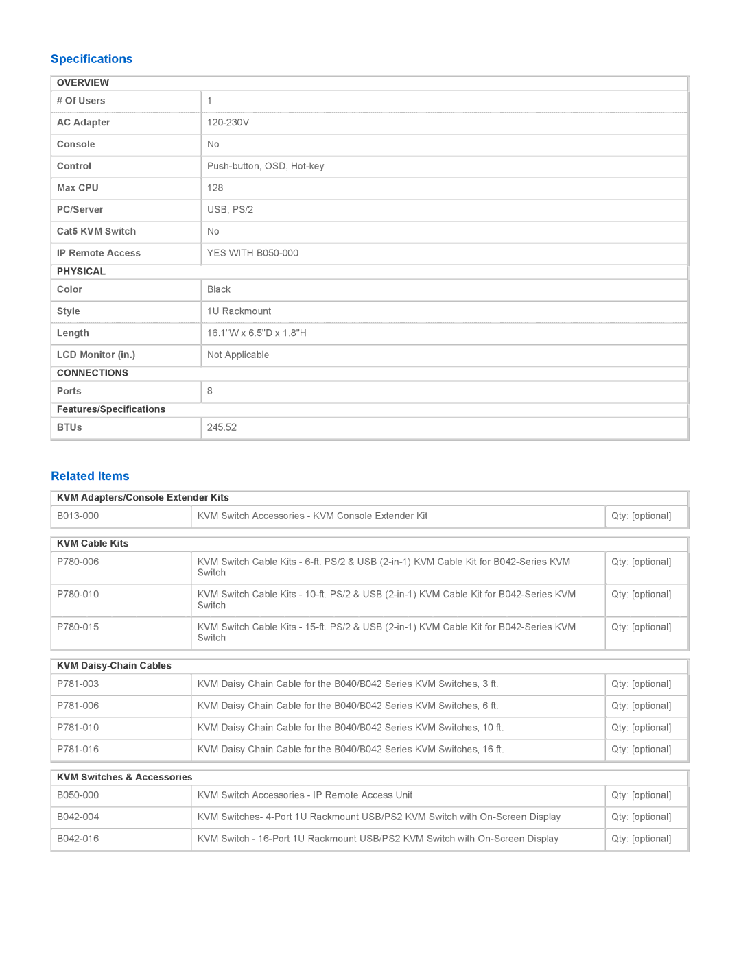 Tripp Lite B040 Series, B042-Series warranty Specifications, Related Items 