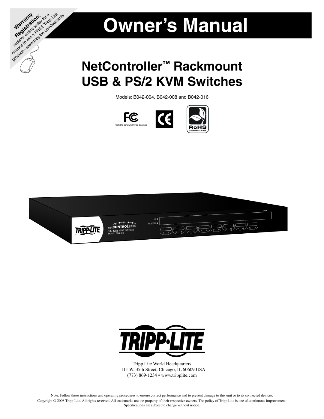 Tripp Lite B042-008, B042-004, B042-016 owner manual NetController Rackmount USB & PS/2 KVM Switches 