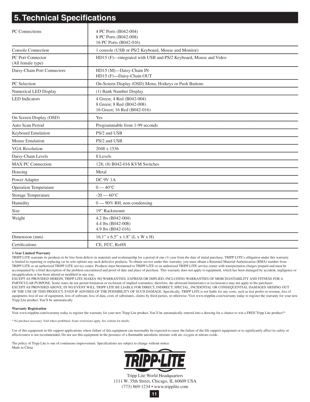 Tripp Lite B042-016, B042-004, B042-008 owner manual Technical Specifications, Year Limited Warranty 