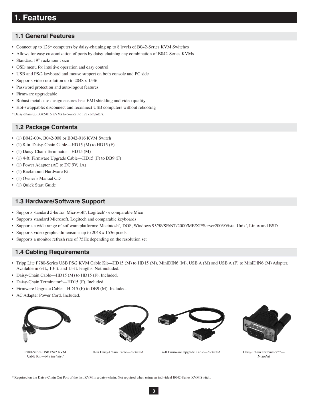 Tripp Lite B042-004, B042-008 General Features, Package Contents, Hardware/Software Support, Cabling Requirements 