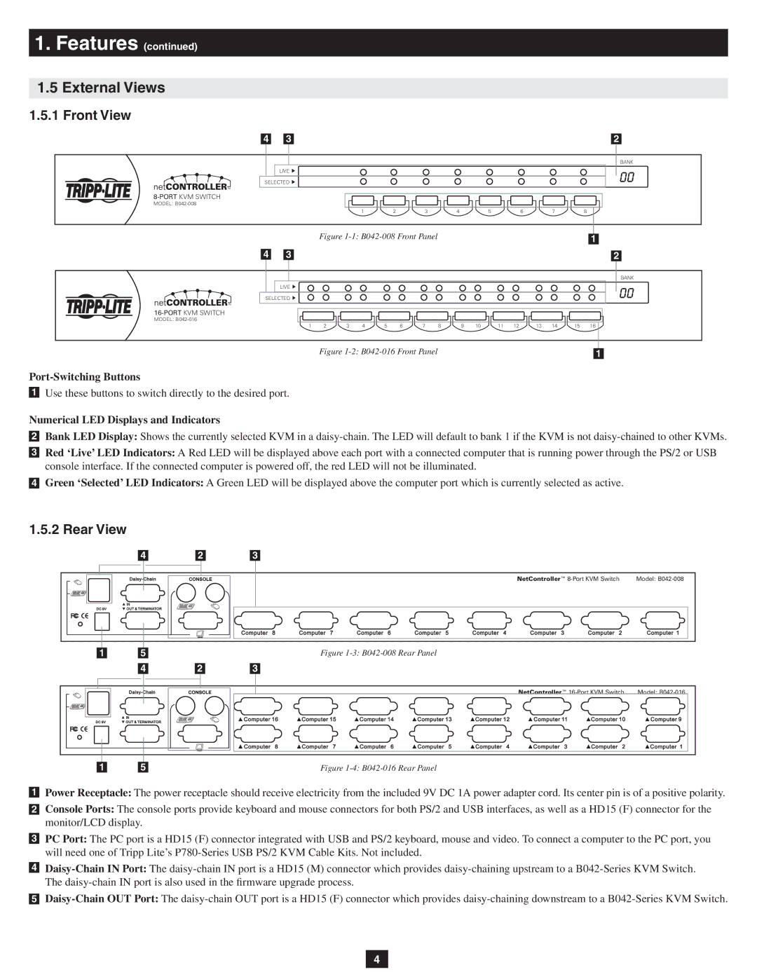 Tripp Lite B042-008 External Views, Front View, Rear View, Port-Switching Buttons, Numerical LED Displays and Indicators 