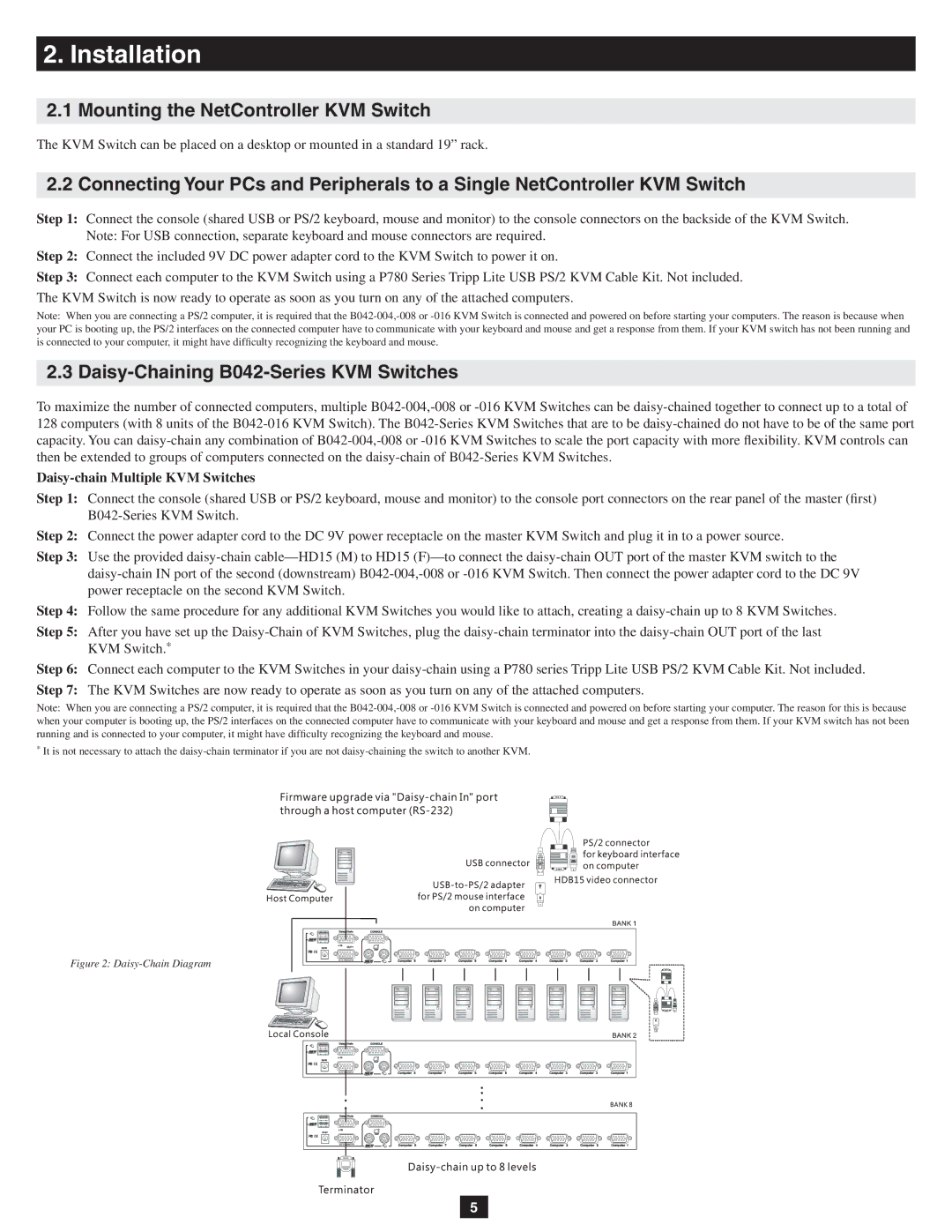 Tripp Lite B042-016, B042-004 Installation, Mounting the NetController KVM Switch, Daisy-Chaining B042-Series KVM Switches 
