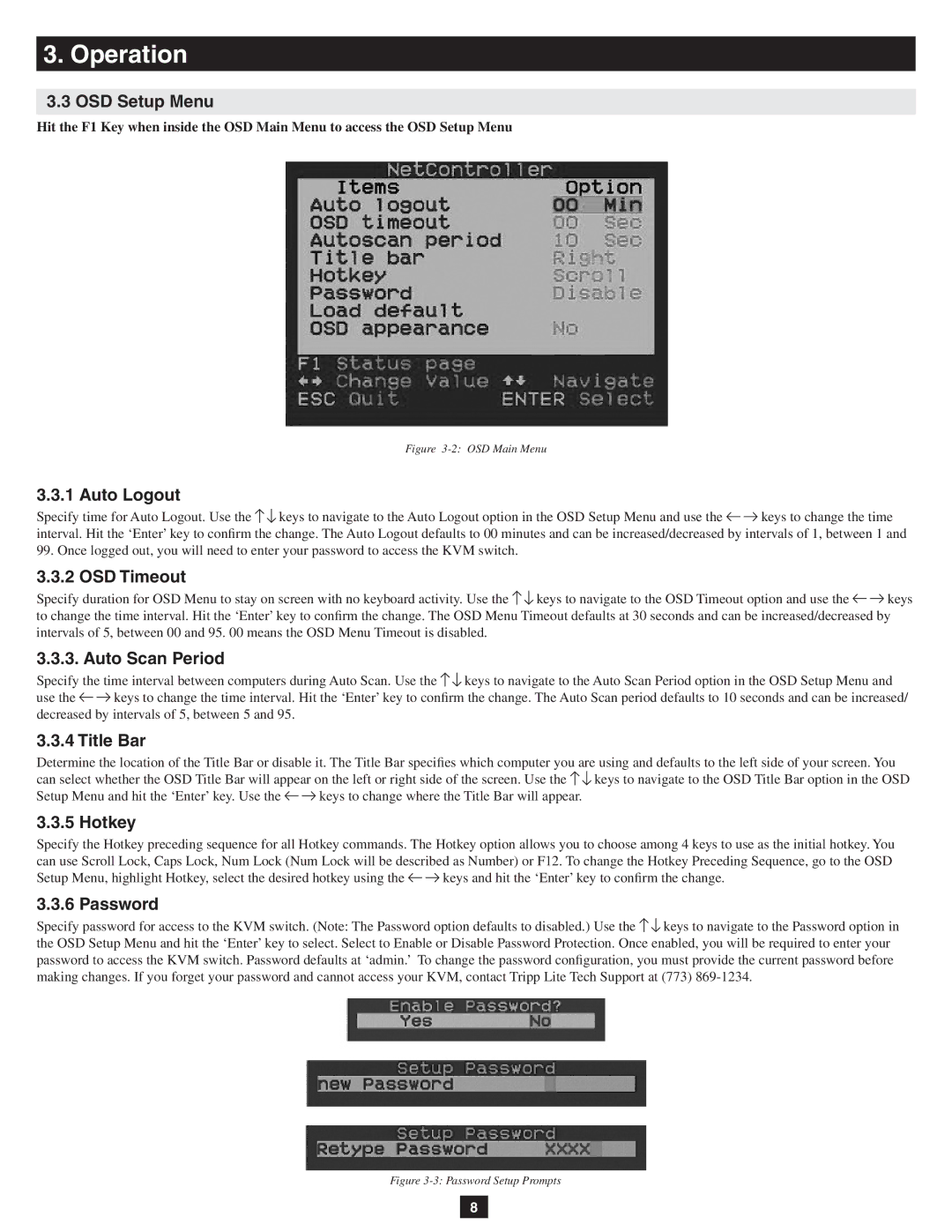 Tripp Lite B042-016, B042-004 OSD Setup Menu, Auto Logout, OSD Timeout, Auto Scan Period, Title Bar, Hotkey, Password 