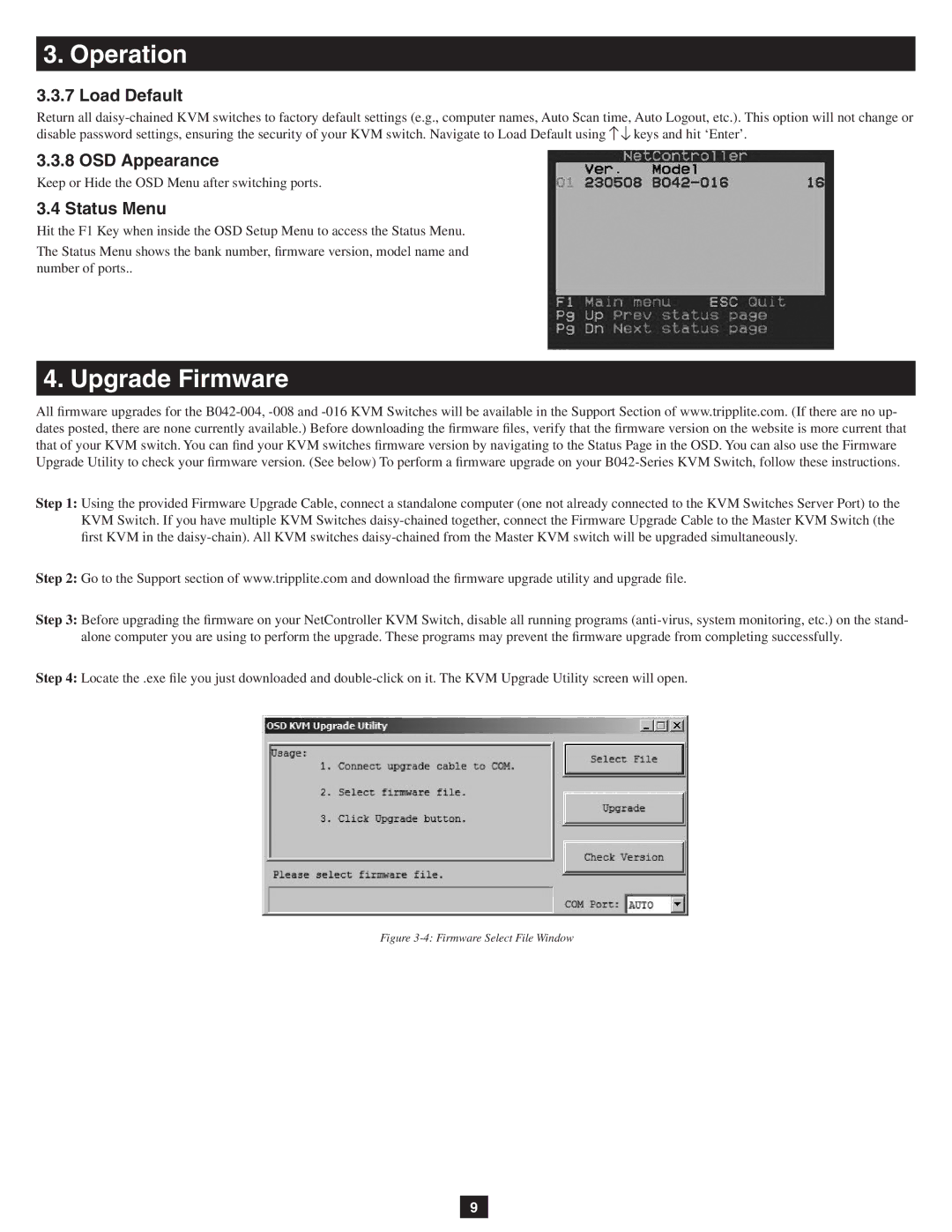 Tripp Lite B042-004, B042-008, B042-016 owner manual Upgrade Firmware, Load Default, OSD Appearance, Status Menu 