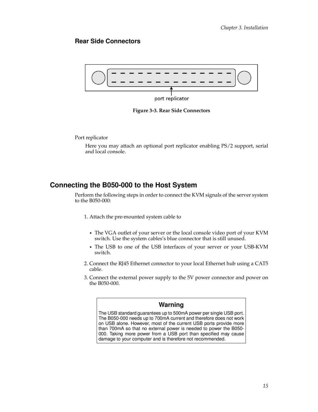 Tripp Lite manual Connecting the B050-000 to the Host System, Rear Side Connectors 