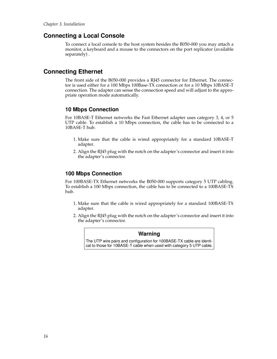 Tripp Lite B050-000 manual Connecting a Local Console, Connecting Ethernet, Mbps Connection 