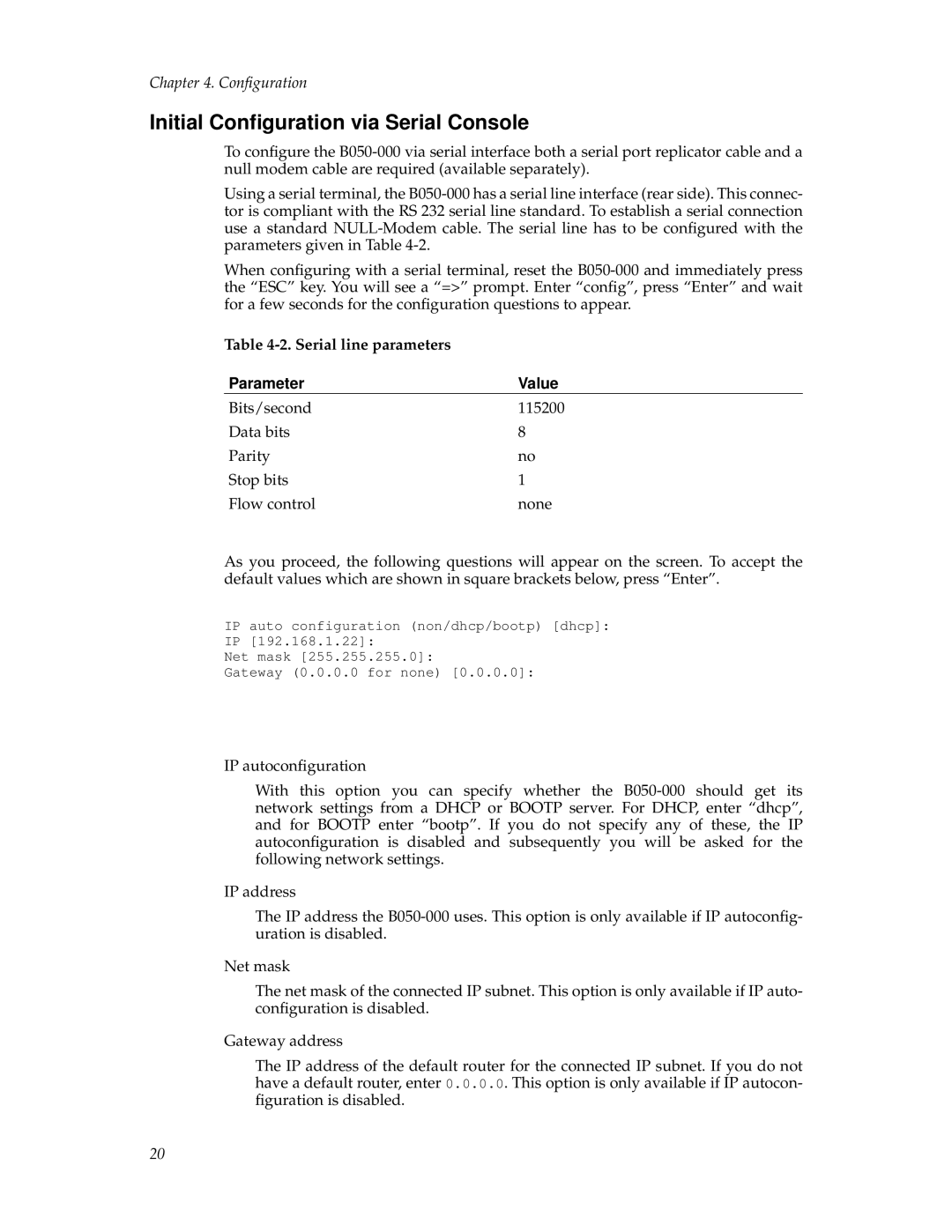 Tripp Lite B050-000 manual Initial Conﬁguration via Serial Console, Serial line parameters Parameter Value 