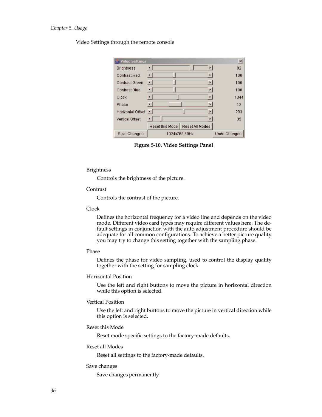 Tripp Lite B050-000 manual Video Settings Panel 