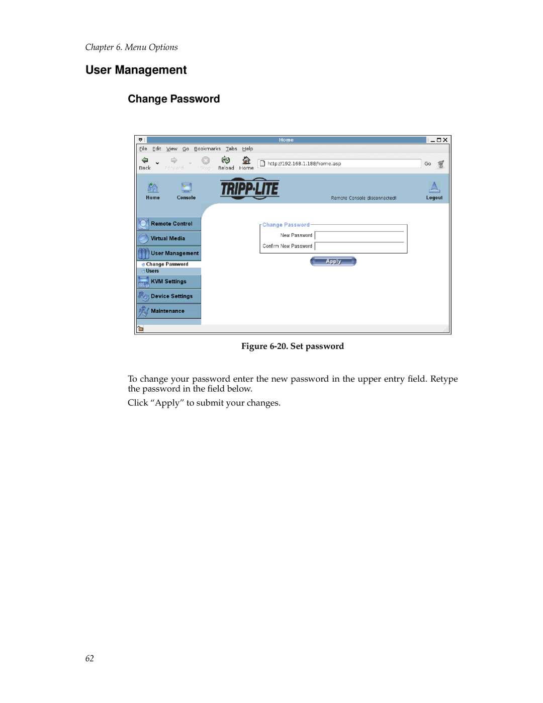 Tripp Lite B050-000 manual User Management, Change Password 